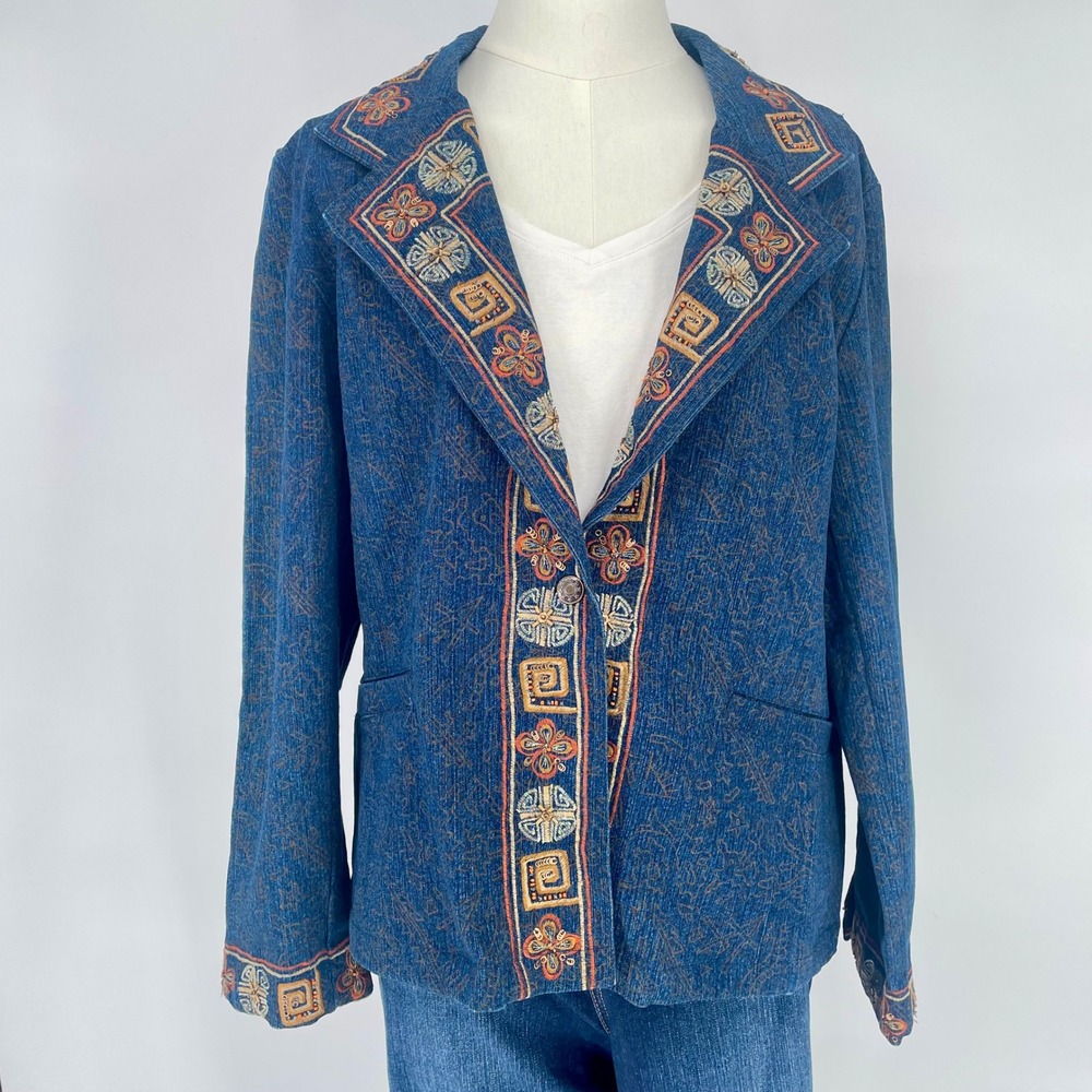 Vintage Alex Kim Womens Petite Large‎ PL Blue Embroidered Denim Jacket Blazer